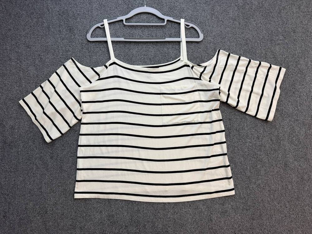 White House Black Market Women's M Black White Striped Cold Shoulder Pocket Top